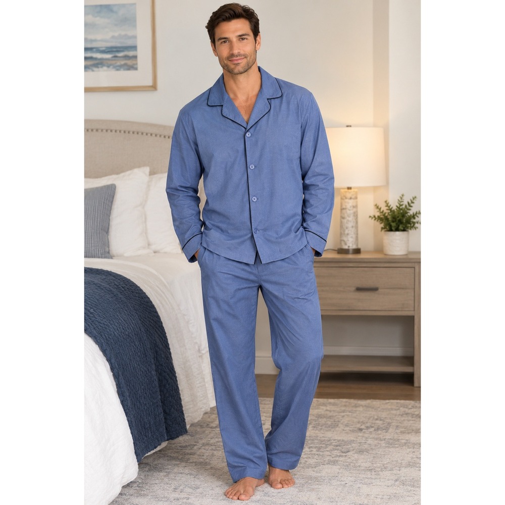 Hanes Men Broadcloth Long Sleeve Pajama Set 2XL Blue Sleepwear Collared Button